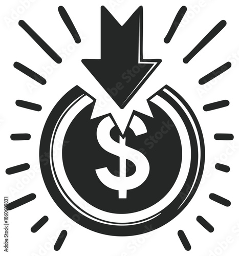 Cost reduction icon with downward arrow hitting a dollar coin. Financial crisis or sale price concept.