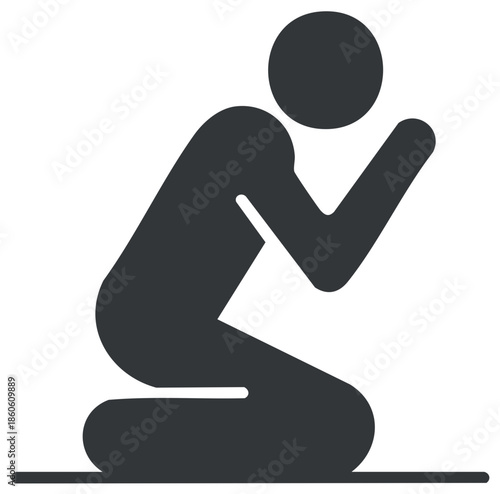 Stylized human figure kneeling and praying, depicting prayer, supplication, or reflection