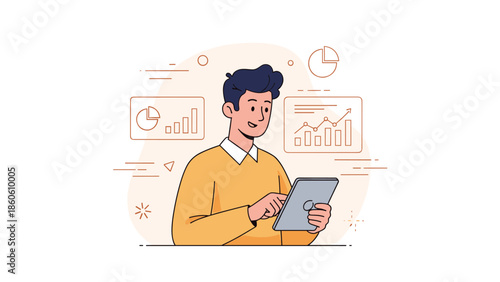 Young caucasian male analyzing data on tablet with charts and graphs