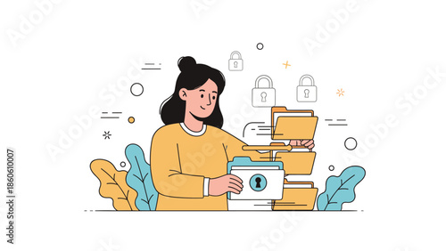 Asian female adult organizing files in secure digital environment