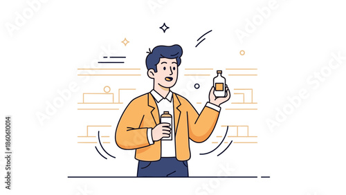 Young caucasian adult male holding beverage and looking curious