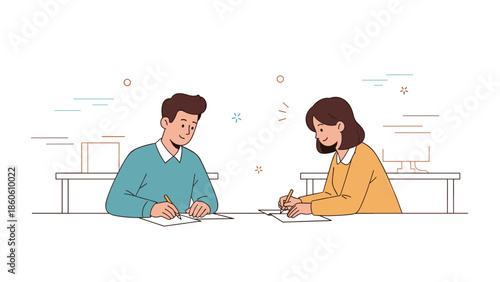 Young caucasian adults collaborating on writing task at office desk