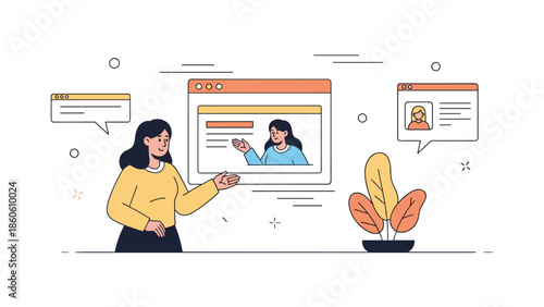 Female hispanic adult engaging in online meeting with diverse participants