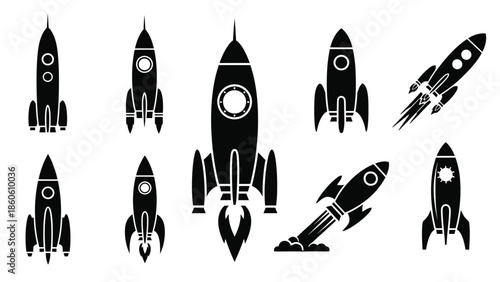 Collection of diverse rocket ship silhouettes in a black and white arrangement