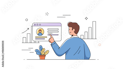 Young caucasian male analyzing online profile interface with graphs