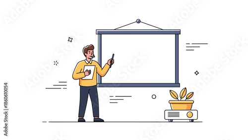 Male presenter teaching with projector screen and plant in minimalist classroom