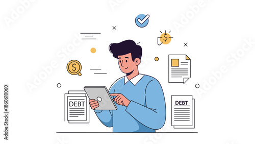 Young male analyzing financial data on tablet with debt documents and icons