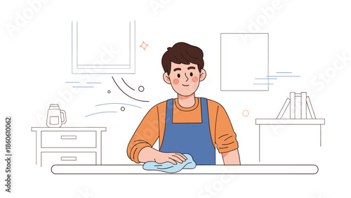 Young caucasian male cleaning kitchen table in apron