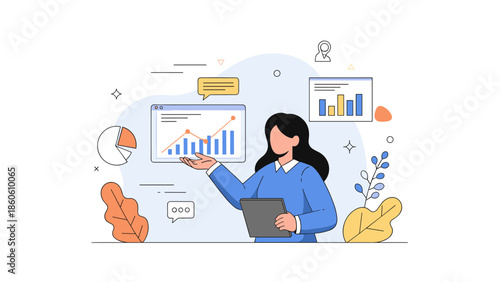 Female analyzing data charts on tablet in office setting