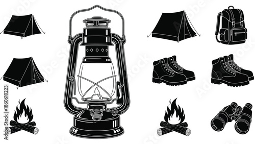 Camping equipment set including a lantern tents backpack and hiking boots