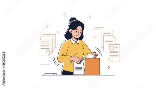 Asian female organizing documents - young woman sorting papers at desk