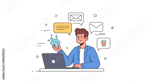 Young caucasian male using laptop for online communication and digital magic gesture