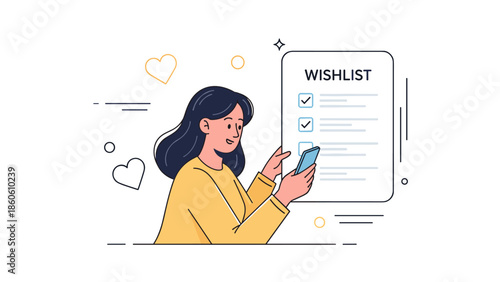 Asian female adult creating wishlist on smartphone with illustration elements