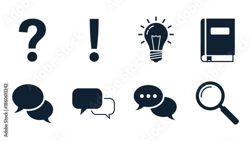 Collection of learning and thinking icons question idea speech and research