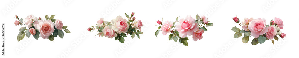 Fototapeta premium Four delicate watercolor floral arrangements featuring pink roses with green leaves ideal for design projects on transparent background