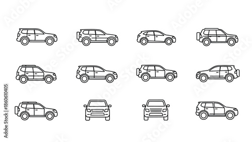 Simple line art illustration of various suv car models in different views