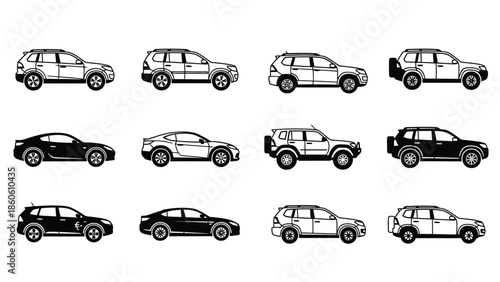 A collection of various car models depicted in a simple black and white style