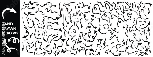 Various black brush drawn curved arrows. Collection doodle marker thick arrows in different directions. Grunge rough direction shape for design. Vector brush strokes, Red pencil arrow doodles. arrow 