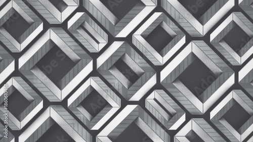 Seamless 3D animation of a black-and-white geometric pattern. Rotating intertwined rhombuses create an optical illusion. Halftone and retro graphics style
