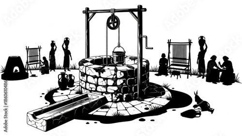A black and white illustration of a medieval well with people gathered around it in a village setting with various objects