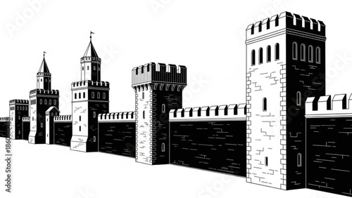 Medieval castle wall with towers in black and white