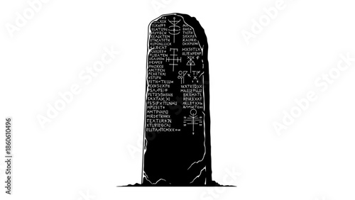 A black and white illustration of an ancient stone monument with intricate carvings and mysterious runes