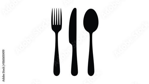 Simple black silhouettes of a fork knife and spoon on a white background