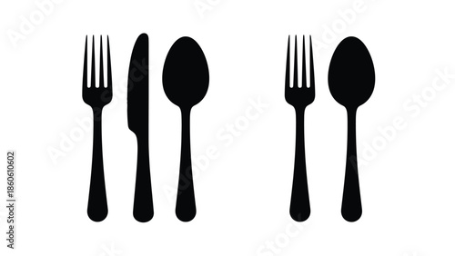 Black silhouette illustration of cutlery forks knives and spoons arranged in a row
