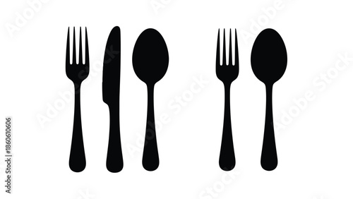 A simple black and white illustration of dining cutlery and tableware