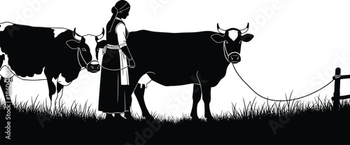 A woman leads two cows through a grassy field with a fence in the background.