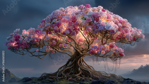 Human brain tree with flowers, self care and mental health concept, positive thinking, creative mind, generative AI