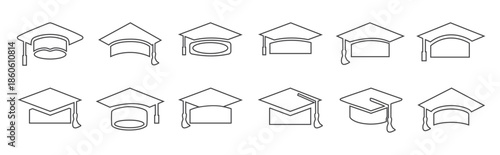 Graduation cap. Outline Hat and Diploma Icons Set. Graduation student black cap. Academic Cap Vector Illustration