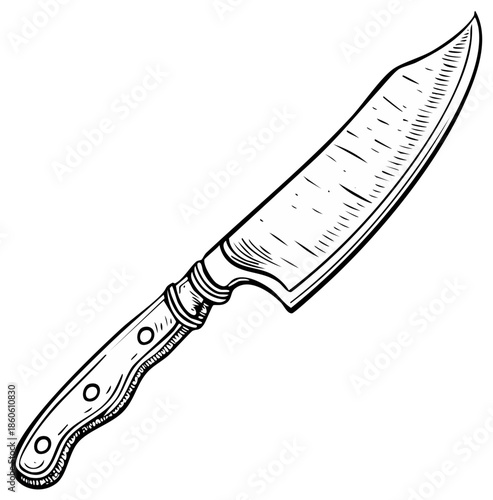 Hand-drawn illustration of a large kitchen chef's knife with wooden handle