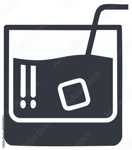 Cold Drink in Glass with Ice Cube and Straw Simple Icon Flat Vector Illustration