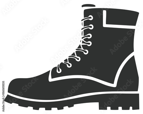 Black silhouette of combat boot with laces, side view, military style.