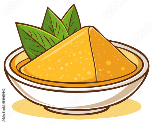 Cartoon drawing of golden hummus served in bowl with decorative green leaves