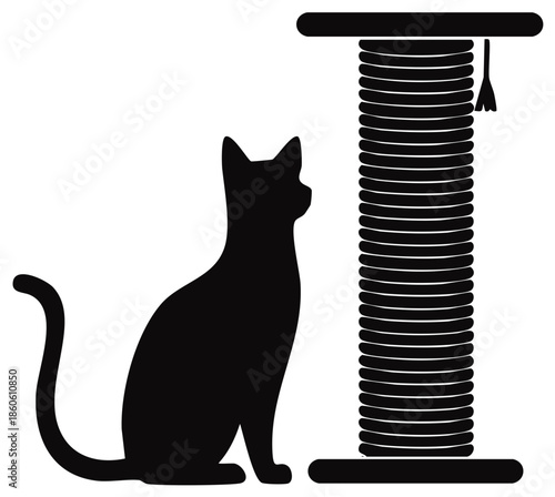Elegant Black Cat Silhouette Observing a Sisal Scratching Post with Attached Tassel for Playful Felines