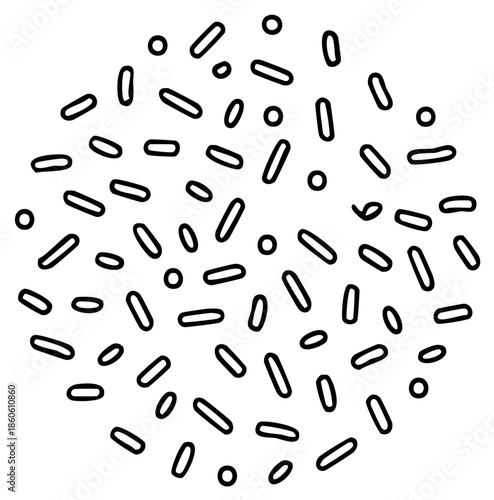 Black outline drawing of sprinkles and circles scattered around in a circle for baking or decoration.
