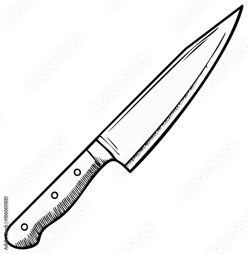 Detailed black and white chef knife illustration, culinary tool.