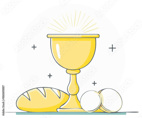 Golden chalice bread and communion wafers religious Christian sacrament symbol illustration