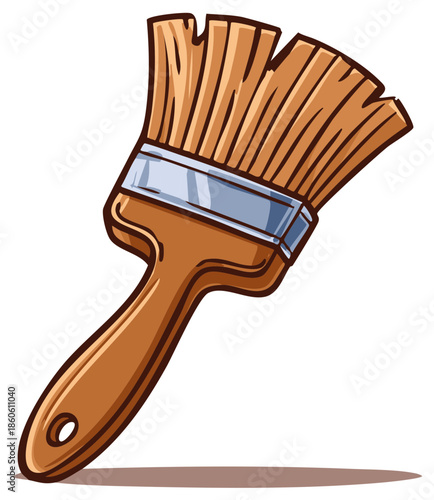Cartoon Paint Brush with Wooden Handle and Metal Ferrule Isolated for Painting Projects or Artistic Concepts