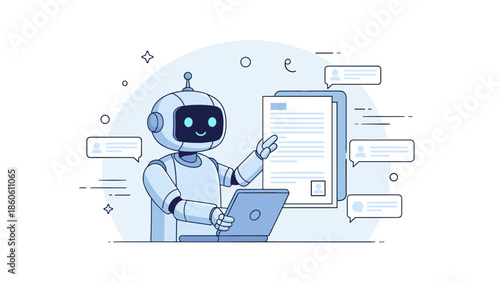 Friendly robot interacting with digital documents and laptop in futuristic setting
