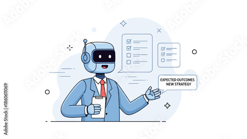 Robot presenter discussing strategy with speech bubble and checklists