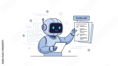Friendly robot completes to-do list with clipboard in futuristic setting