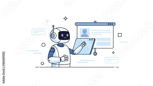 Robot interacting with digital interface in futuristic concept illustration