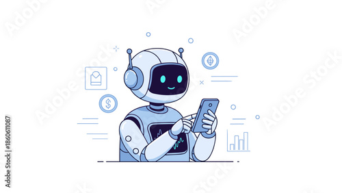 Friendly robot interacting with smartphone and digital icons in futuristic setting