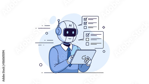 Ai robot taking notes with checklist on digital tablet