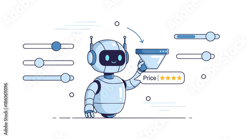 Smiling robot analyzing price with ratings in futuristic tech setting