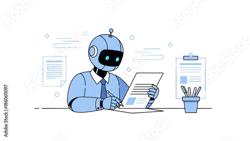 Robot analyzing documents at desk in office setting