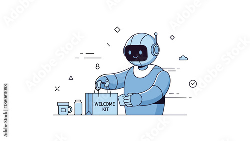 Friendly robot unpacking welcome kit with coffee and jar in futuristic setting